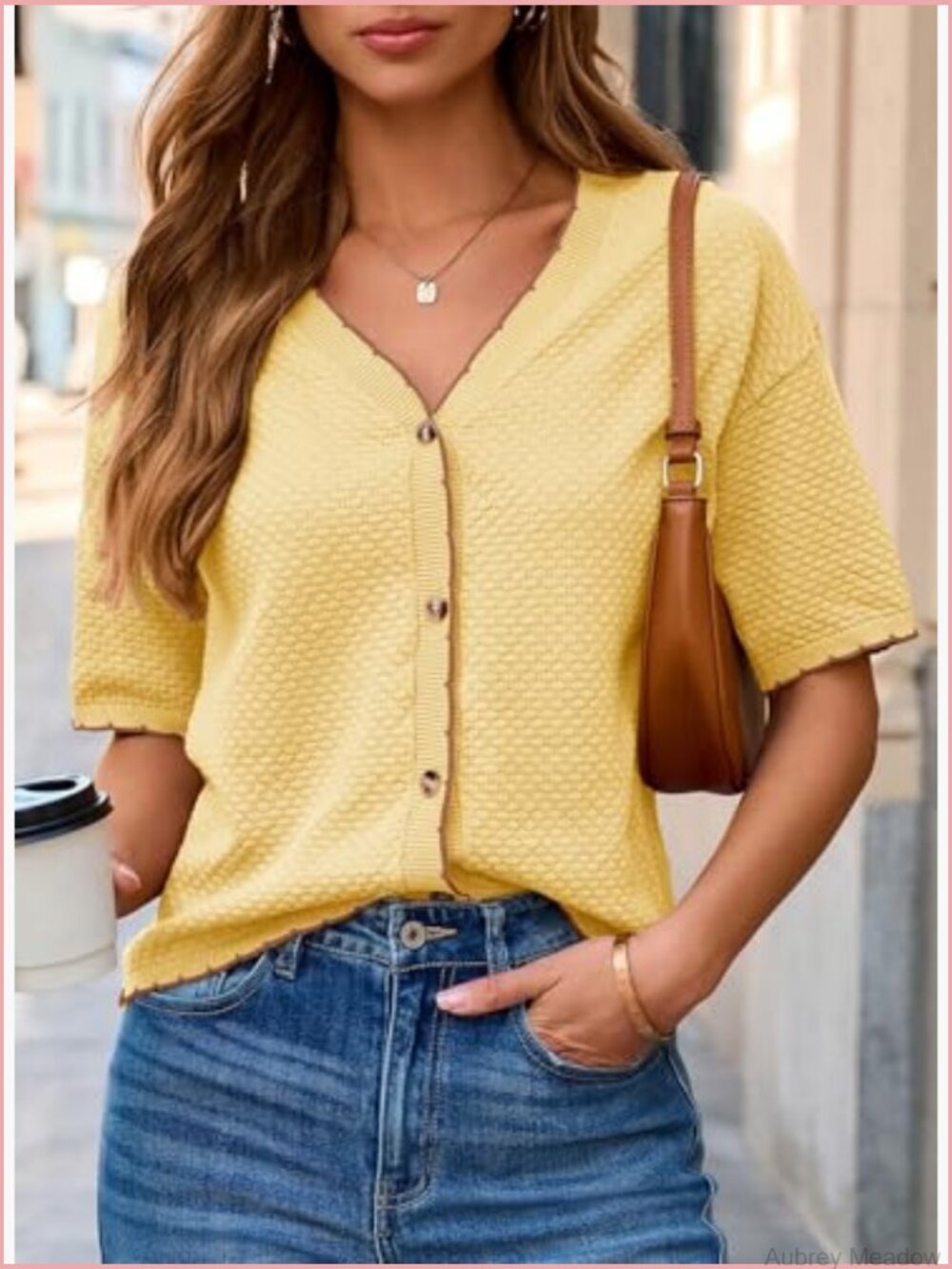 Textured Knit V-Neck Button Down Cardigan - Short Sleeve Cotton Top - Picture 4 of 7